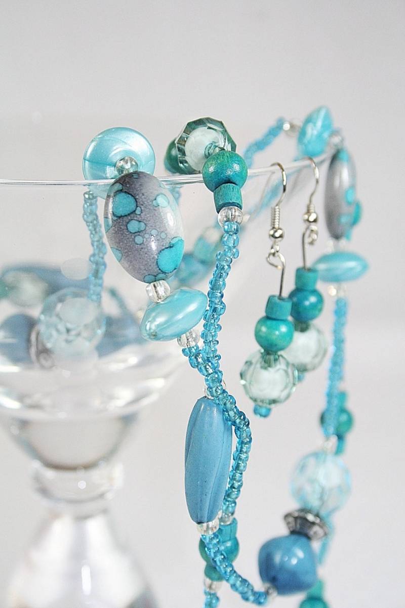 Vintage Flapper Style Perlen Halskette Und Ohrring Set Boho Ohrringe Blaue Frühling von AuntBeasBling