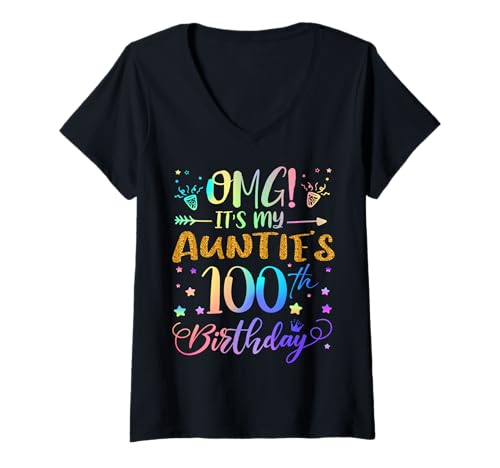 Damen OMG Es ist der 100. Geburtstag meiner Tante, Sweet, 100 Jahre alt T-Shirt mit V-Ausschnitt Damen OMG Es ist der 100. Geburtstag meiner Tante, Sweet, 100 Jahre alt T-Shirt mit V-Ausschnitt von Auntie 100th Bday Tie Dye Nephew Niece
