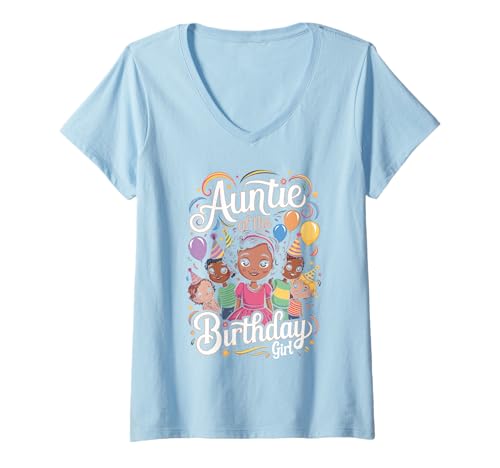 Damen Auntie of The Birthday Girl Fröhliche Kinder Familie T-Shirt mit V-Ausschnitt von Auntie Of The Birthday Girl Tante Kinder Freude