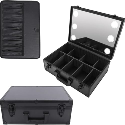 Multifunktionaler Kosmetik-Organizer, großes Fassungsvermögen, mit LED-beleuchtetem Spiegel, Werkzeug-Set mit abnehmbaren Trennwänden, Make-up-Pinselhalter (Large) von Auosxny