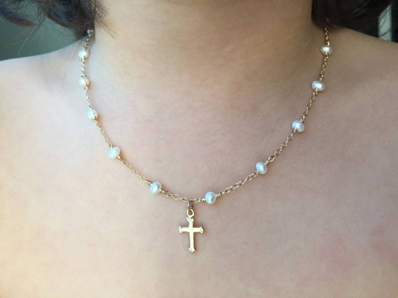Baby Taufkette Mit Kreuz - Süßwasserperle Taufgeschenk Für Mädchen, Widmung Oder Patenkind Schmuck von Aupetitpied