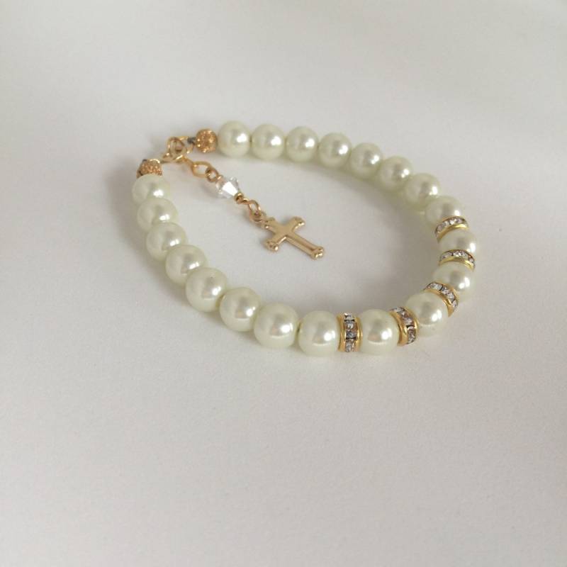 Gold Kreuz Baby Armband - Taufgeschenk Für Mädchen Säugling Perle Schmuck Andenken Religiöses von Aupetitpied