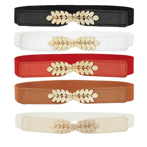 Auptiz 5 Stück Elastischer Taillengürtel für Damen, Modischer Eleganter dekorativen dünne Taillengürtel für Kleid Stretchy Gürtel für Damen (Rot Weiß Schwarz Braun Beige) von Auptiz