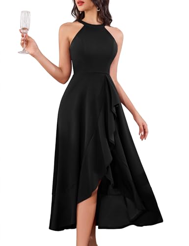 Aupuls Abendkleider für Hochzeit A Linie Kleid Hochzeitsgast Elegant Neckholder Damen Abendkleider Elegant Brautjungfernkleider Lang Ballkleider Lang Auplm08 Black L von Aupuls