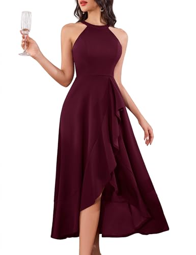 Aupuls Festliche Kleider für Damen Lang Vokuhila Hochzeit Kleid Neckholder Hochzeitsgast Abendkleid Festlich Elegant Ball Cocktail Auplm08 Burgundy M von Aupuls