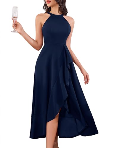 Aupuls Festliches Kleid Damen Hochzeit Abendkleid Sommer Lang A Linie Damen Kleider Elegant Festlich Hohe Taille Vokuhila Ballkleid Auplm08 Navy XL von Aupuls
