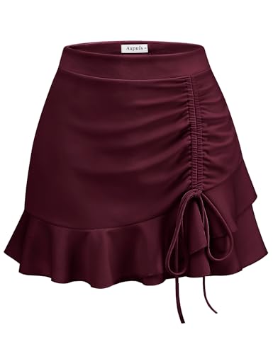 Aupuls Kurz Rock Damen Minirock Röcke Damen mit Kordelzug Karneval Tennisrock mit Hose Rüschen AUPST36 Burgundy M von Aupuls