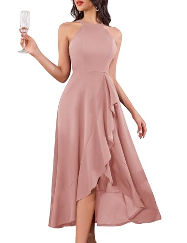 Aupuls Lange Kleider für Hochzeit Vokuhila Sommer Lang Kleid Brautkleid A Linie Abendkleid Damen Elegant für Cocktail Festliche Party Auplm08 Blush L von Aupuls