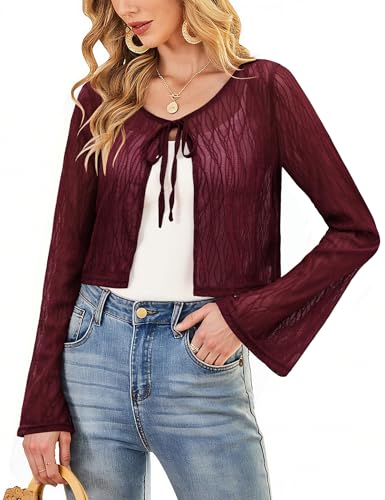 Aupuls Spitzen Elegante Strickjacke Damen Rot Langarm Bolero Festlich mit Bindeband AUPC080 Burgundy XL von Aupuls