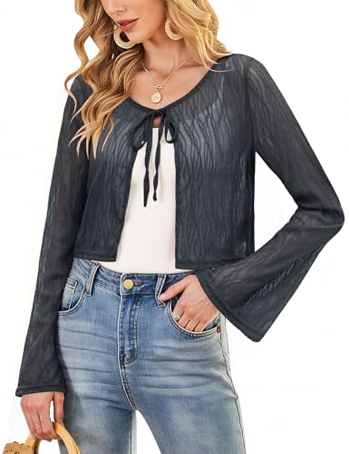 Aupuls Spitzen Strickjacke Damen Elegant Langarm Bolero Festlich mit Bindeband AUPC080 Greyblue XL von Aupuls