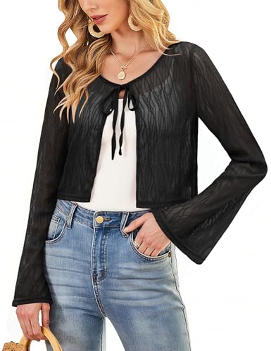 Aupuls Spitzen Strickjacke Damen Schwarz Langarm Strick Cardigan für Abendkleid AUPC080 Black XL von Aupuls