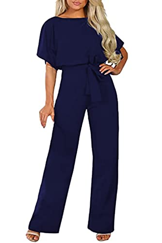 Aupuny Damen Elegante Halbe Ärmel Laterne Ärmel Jumpsuit Mit Gürtel Weites Bein Hose Jumpsuit XXL XX-Large Blau von Aupuny