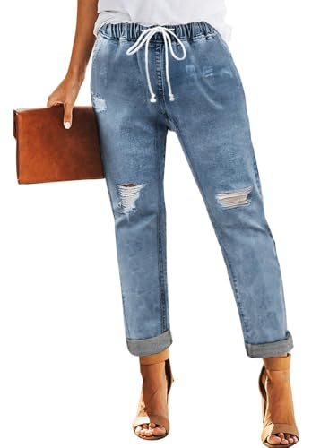 Aupuny Damen Lässige Jeans Mit Hoher Taille Damen Elastische Jeans Straight Ripped-Jeans XL X-Large Azurblau von Aupuny