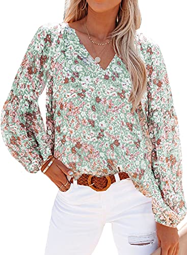 Aupuny Damen Sommer Bluse Elegante Oberteile Lässiges Langarmhemd Bedruckte Blusen V-Ausschnitt Blusen S Klein Grün von Aupuny