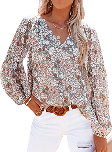 Aupuny Damen Sommer Bluse Elegante Oberteile Lässiges Langarmhemd Bedruckte Blusen V-Ausschnitt Blusen XL X-Large Mehrfarbig von Aupuny