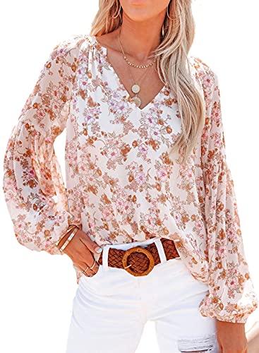 Aupuny Damen Sommer Bluse Elegante Oberteile Lässiges Langarmhemd Bedruckte Blusen V-Ausschnitt Blusen XXL XX-Large Weiß von Aupuny