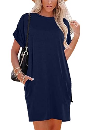 Aupuny Sommerkleid Damen Knielang Casual Strandkleid A-Linie Kurzarm Kleid Gestreifte Loose Swing Freizeitkleid(Taschen an der Taille) S Klein Blau von Aupuny