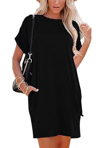 Aupuny Sommerkleid Damen Knielang Casual Strandkleid A-Linie Kurzarm Kleid Gestreifte Loose Swing Freizeitkleid(Taschen an der Taille) XL X-Large Schwarz von Aupuny