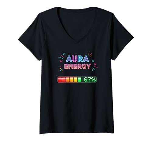 Damen Aura Energy 67 Prozent Retro Battery Power Bar Graphic T-Shirt mit V-Ausschnitt von Aura Energy, Energy Meter