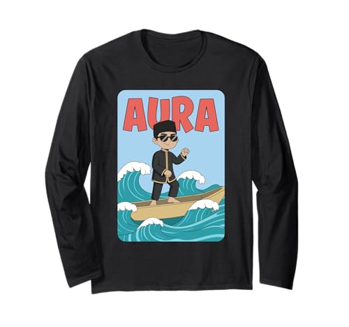 Aura Cartoon Boy auf Wellen mit Sonnenbrille und Boot Langarmshirt von Aura Vibes Clothing