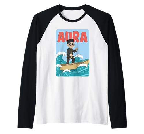 Aura Cartoon Boy auf Wellen mit Sonnenbrille und Boot Raglan von Aura Vibes Clothing