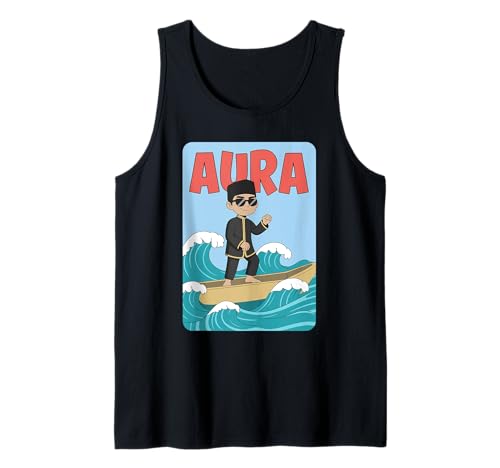 Aura Cartoon Boy auf Wellen mit Sonnenbrille und Boot Tank Top von Aura Vibes Clothing