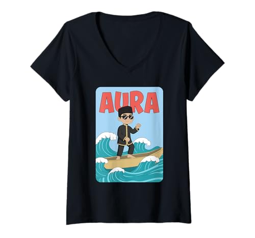 Damen Aura Cartoon Boy auf Wellen mit Sonnenbrille und Boot T-Shirt mit V-Ausschnitt von Aura Vibes Clothing