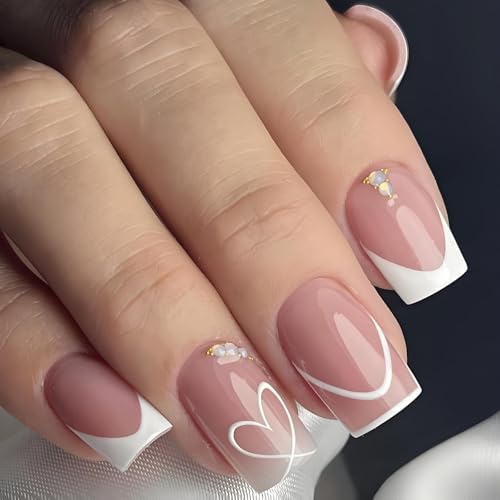 French Tip Falsche Nägel – kurze quadratische Nägel zum Drücken auf Nägel, weißes Herz, French Manicure Stick on Nails – Full Cover Hochzeit Fake Nails für Frauen – Nail Art von AuraBeen