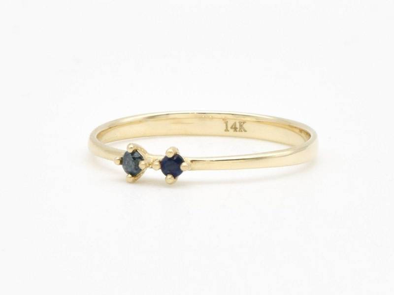 Echter Blauer Diamant, Echter Saphirring, Solider 14K Gold Zierlicher Ring, Zwei-stein-Goldring, Goldblauer Diamantring, Goldsaphirring von AuraFaithJewelry