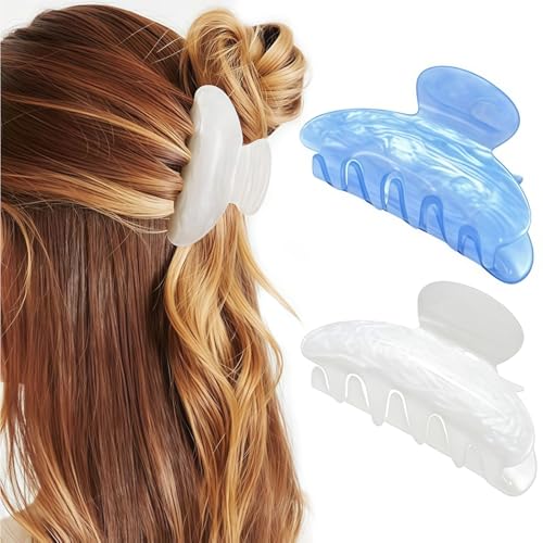 Haarklammern Damen – 2er Set Krallenclips (Blau + Weiß), Acryl-Haaraccessoires für Frauen, Mittelgroße Rutschfeste Haarklammern von AuraFusion