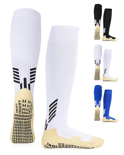 Auranso 3 Paar Fußballsocken Kinder Grip Socken Fussball Lang Football Socken Stutzen Fußball für Jungen und Mädchen (6-12 Jahre) Mehrfarbig von Auranso