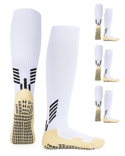 Auranso 3 Paar Fußballsocken Kinder Grip Socken Fussball Lang Football Socken Stutzen Fußball für Jungen und Mädchen (6-12 Jahre) Weiß von Auranso