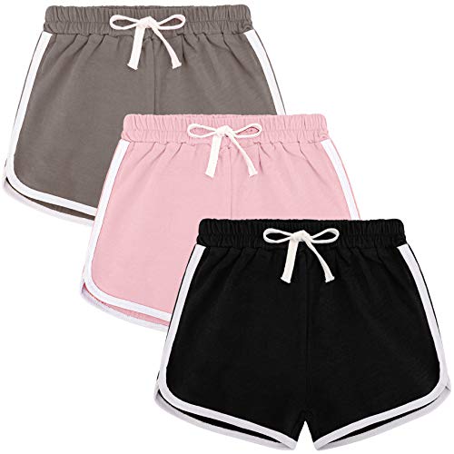 Auranso Kinder Mädchen Kurze Hose Shorts Sporthose Radlerhose Baumwolle Sommer Gym Hose Kurz 3er-Pack 12-14 Jahre Schwarz/Grau/Rosa von Auranso