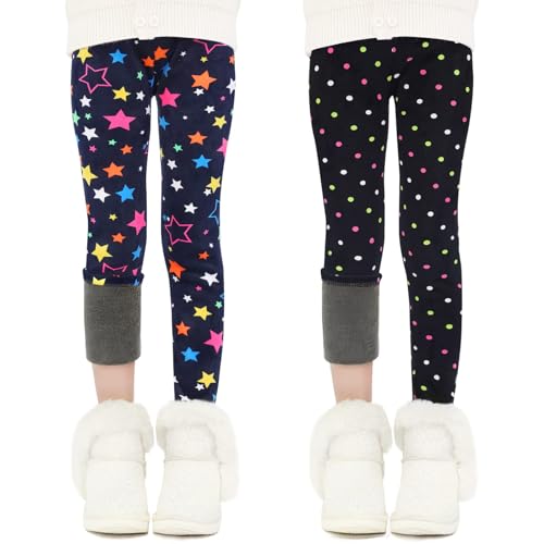 Auranso Thermo Leggings Mädchen Kinder Gefütterte Thermoleggings Winter Warme,2er-Pack Bunte Sterne & Punkte 140-146 von Auranso