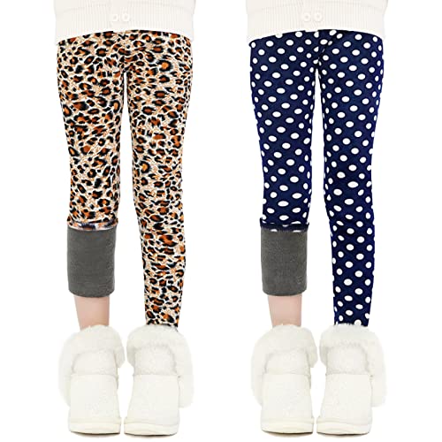 Auranso Thermo Leggings Mädchen Kinder Gefütterte Thermoleggings Winter Warme,2er-Pack Leopard & Polka Dot 116-122 von Auranso