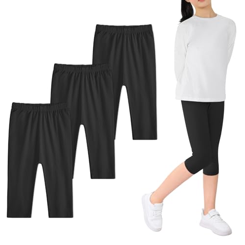 Auranso Mädchen Leggings Capri Basic Baumwolle Kurz 3/4 Hosen Sommer Sportleggins 6-14 Jahre 3er-Pack 122-128 Schwarz von Auranso