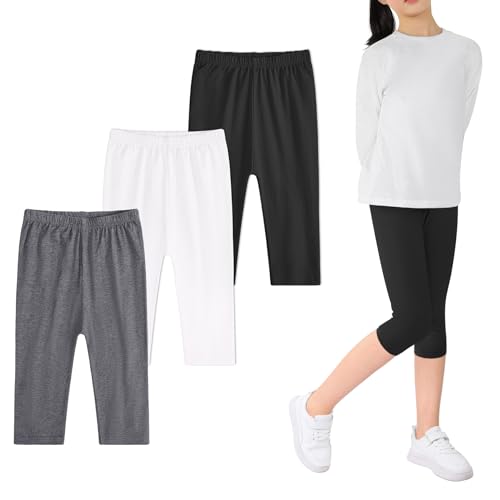 Auranso Mädchen Leggings Capri Basic Baumwolle Kurz 3/4 Hosen Sommer Sportleggins 6-14 Jahre 3er-Pack 116-122 Schwarz/Grau/Weiß von Auranso