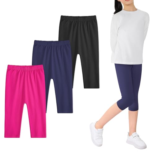 Auranso Mädchen Leggings Capri Basic Baumwolle Kurz 3/4 Hosen Sommer Sportleggins 6-14 Jahre 3er-Pack 116-122 Schwarz/Rosa/Marineblau von Auranso