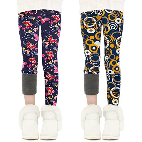 Auranso Thermo Leggings Mädchen Kinder Gefütterte Thermoleggings Winter Warme,2er-Pack Schmetterlinge & Goldene Räder 134-140 von Auranso