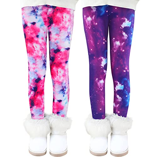 Auranso Thermo Leggings Mädchen Gefütterte Thermoleggings Warme Winter Dick Thermohose für Kinder,2er-Pack Lila Galaxis/Rosa Galaxis 116-122 von Auranso