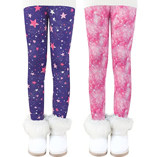 Auranso Thermo Leggings Mädchen Gefütterte Thermoleggings Warme Winter Dick Thermohose für Kinder,2er-Pack Lila Sterne/Rosa Sterne 152-158 von Auranso