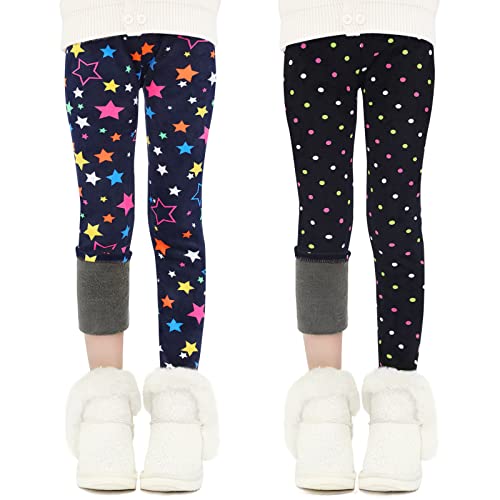 Auranso Thermo Leggings Mädchen Kinder Gefütterte Thermoleggings Winter Warme,2er-Pack Bunte Sterne & Punkte 152-158 von Auranso