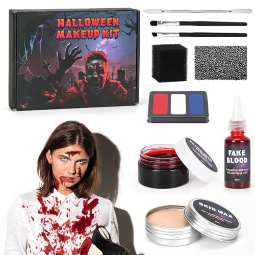Kunstblut Halloween, Halloween Schminke, Kunstblut Spray+Blut Gel+Scar Wax+Make up Palette+Spatel+Schwamm+Pinsel, Vampire Zombie Schminke, für Halloween Karneval Party Cosplay Makeup von Aurasky