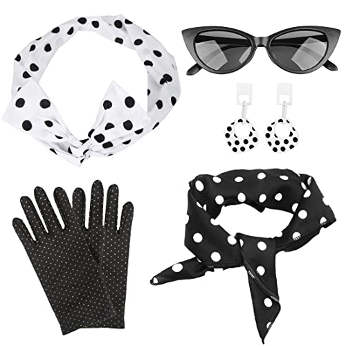 Aurasky Rockabilly Accessoires 50er Jahre, Kostüm Damen Zubehör Schwarz, Kleidung Vintage Zubehör 60er mit Stirnband Schal Brille Handschuhe Kleid für Karneval Motoparty Retro Teily Party von Aurasky