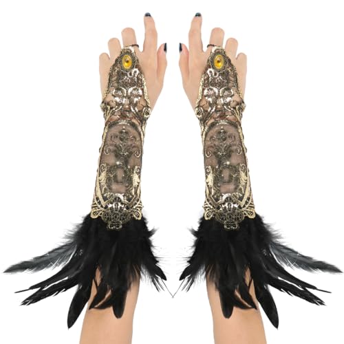 Aurasky Spitzenhandschuhe Federn Gold, Lange Handschuhe Damen Spitze, Handschuhe 20er Jahre mit Federn, Fingerlose Handschuhe Karneval, für Hochzeit Halloween Fasching Cosplay Party von Aurasky