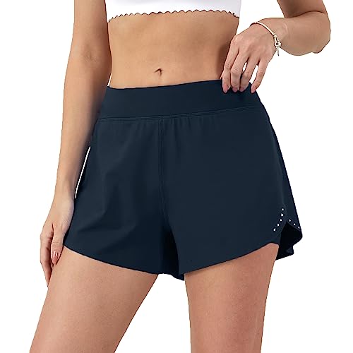 Aurefin Damen 2-in-1 Flowy Laufshorts Hohe Taille Athletic Shorts für Frauen Leichte Workout Yoga Gym Shorts, Marineblau, X-Klein von Aurefin