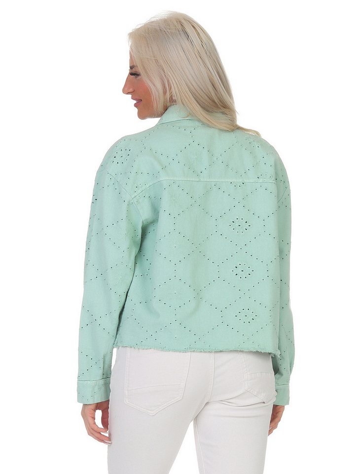 Aurela Damenmode Jeansjacke Damen Sommerjacke Jeanslook leichte Kurzjacke Denim mit Lochstickerei von Aurela Damenmode