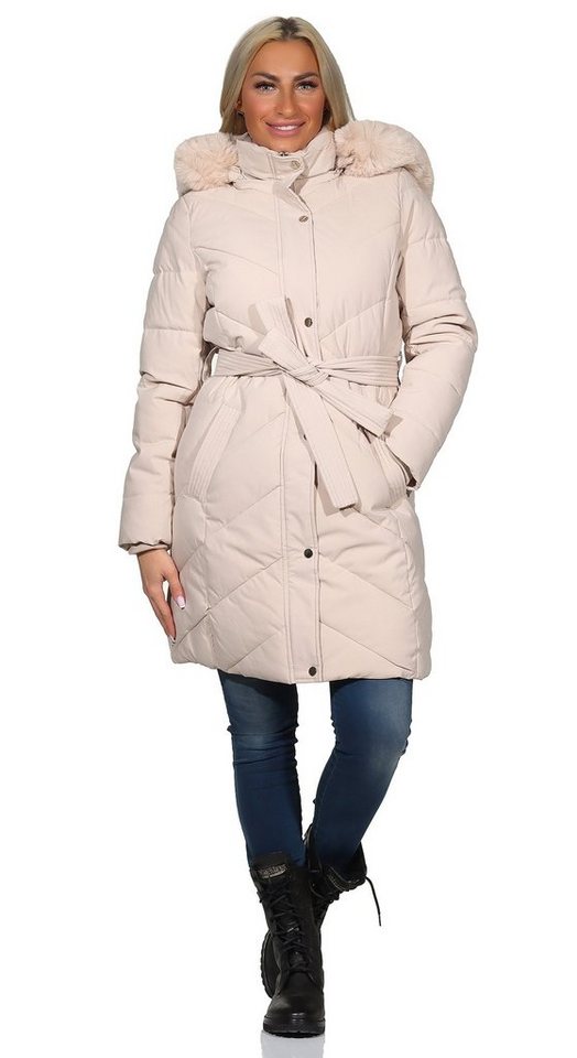 Aurela Damenmode Kurzmantel Steppmantel Damen Mantel diagonal gesteppt mit Bindegürtel mit abnehmbarer Kapuze, und weichem Teddyfutter von Aurela Damenmode
