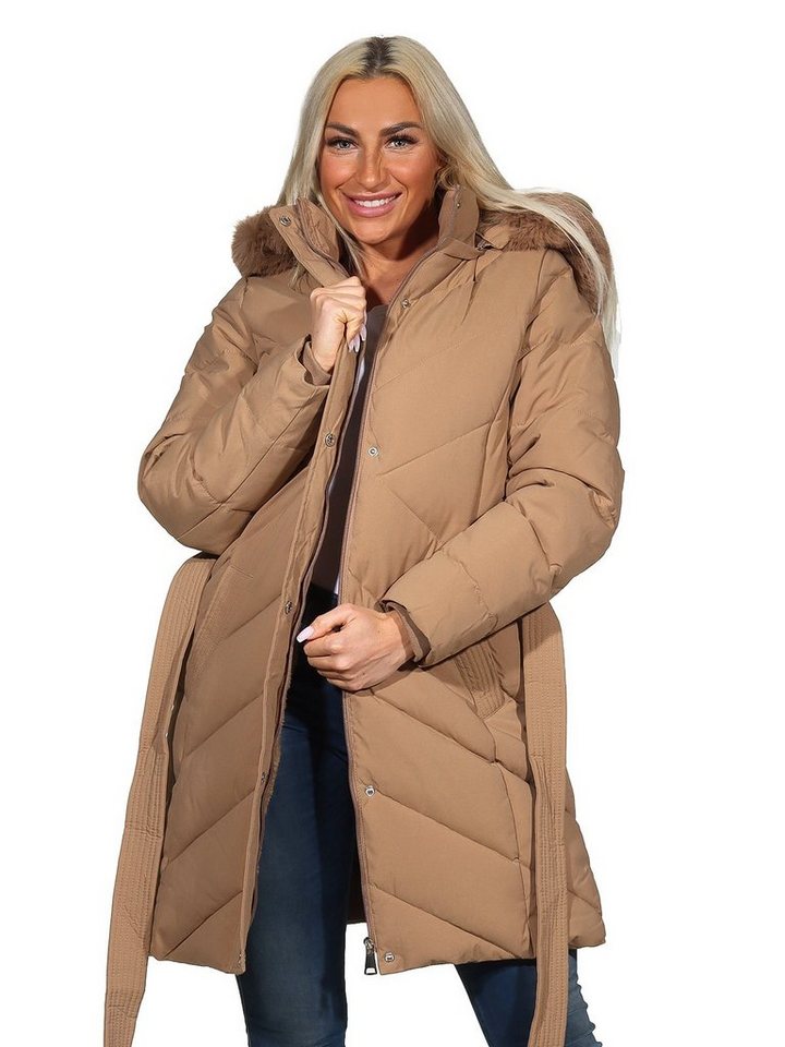 Aurela Damenmode Kurzmantel Steppmantel Damen Mantel diagonal gesteppt mit Bindegürtel mit abnehmbarer Kapuze, und weichem Teddyfutter von Aurela Damenmode