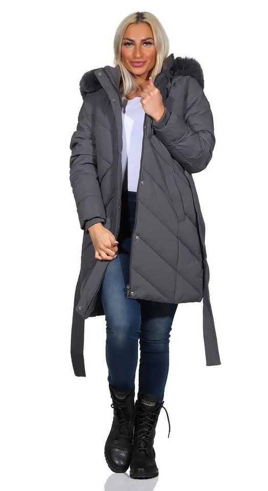 Aurela Damenmode Kurzmantel Steppmantel Damen Mantel diagonal gesteppt mit Bindegürtel mit abnehmbarer Kapuze, und weichem Teddyfutter von Aurela Damenmode